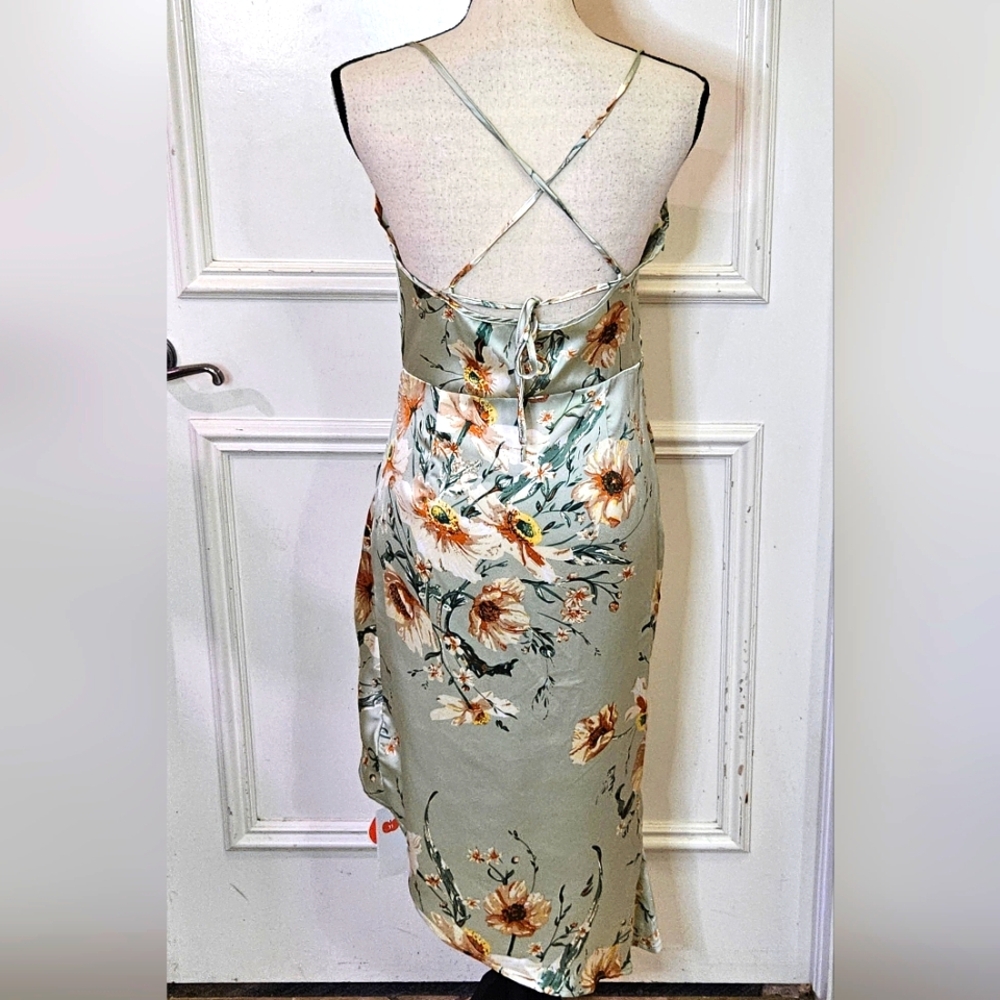 Cider Green Satin Multicolor Floral Asymmetrical Midi Slip Dress,Medium,NWT - Picture 2 of 16